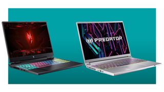 Acer gaming laptops on a blue background.