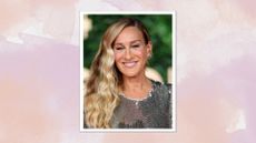 Image of Sarah Jessica Parker with wavy long blonde hair swept to one side, wearing a silver mirrored gown, on a pink and purple watercolour background