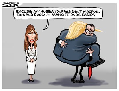 Political cartoon U.S. Trump Macron visit hugging Melania