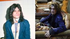 a split screen image with joe perry on the left and joe perry in his 2005 living room on the right