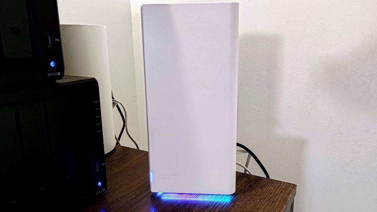 MSI Roamii BE Pro on a desk showing lights