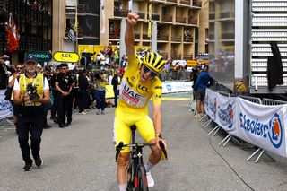 SAINTLARYSOULAN PLA DADET FRANCE JULY 13 Stage winner Tadej Pogacar of Slovenia and UAE Team Emirates Yellow Leader Jersey reacts after the 111th Tour de France 2024 Stage 14 a 1519km stage from Pau to SaintLarySoulan Pla dAdet 1653m UCIWT on July 13 2024 in SaintLarySoulan Pla dAdet France Photo by Stephane Mahe PoolGetty Images