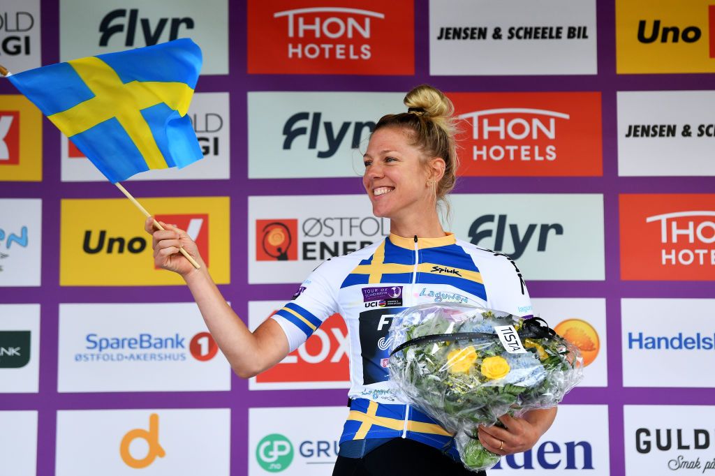 STROMSTAD SWEDEN AUGUST 10 Emilia Fahlin of Sweden and Team FDJ Nouvelle Aquitaine Futuroscope celebrates at podium as best Sweden rider during the 8th Tour of Scandinavia 2022 Battle Of The North Stage 2 a 1538km stage from Orust to Strmstad UCIWWT tourofscandinavia TOSC22 on August 10 2022 in Stromstad Sweden Photo by Luc ClaessenGetty Images