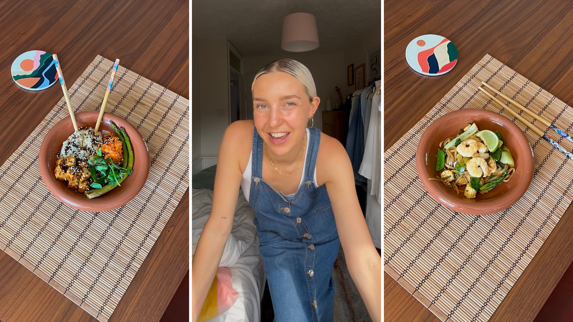 Health writer Ash S trying high protein lunches every day for seven days - on the left, tofu and rice. On the right, prawn pad Thai