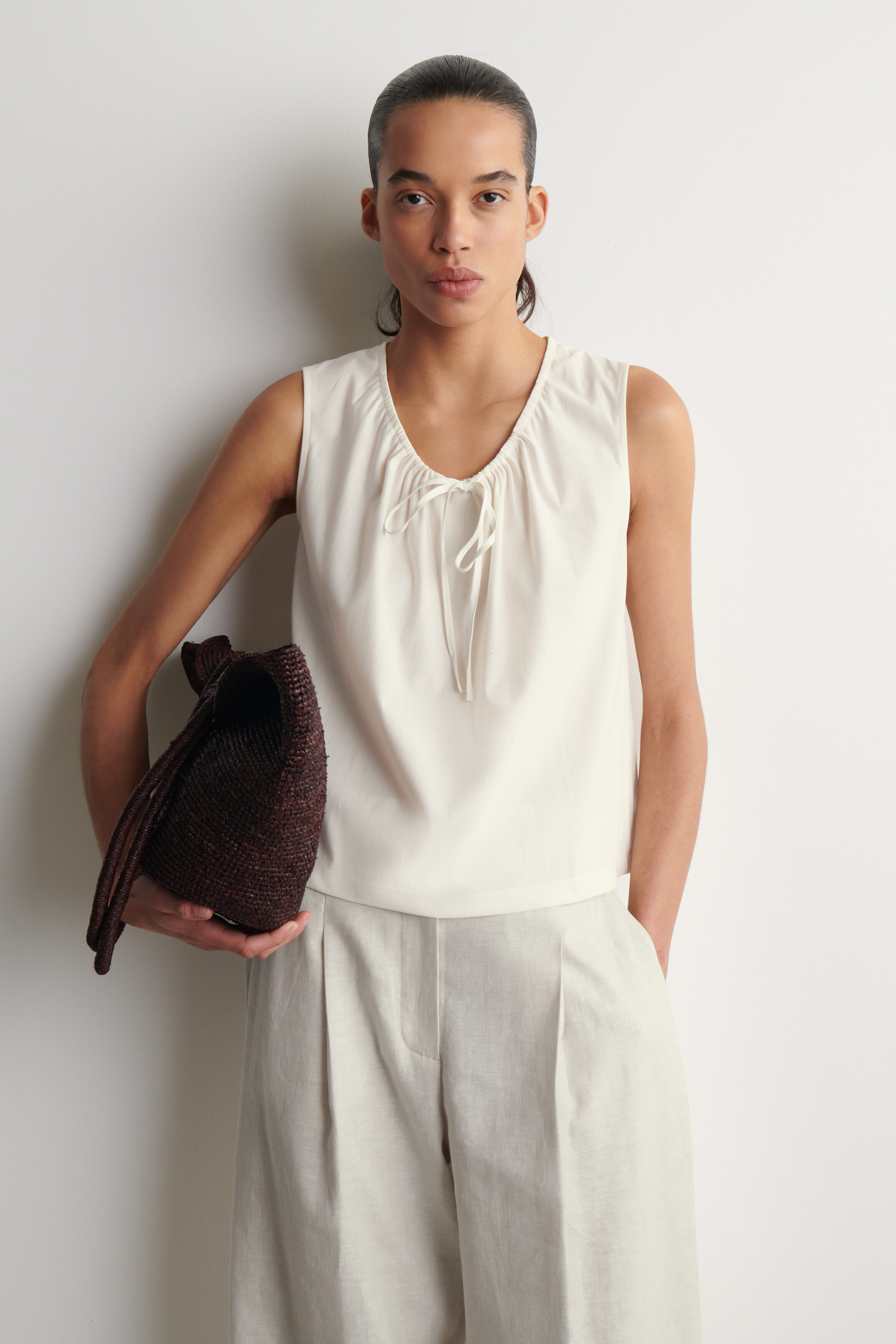 Gathered-Neck Jersey Tank Top