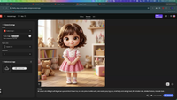 A screenshot of Adobe Firefly's image generation interface showing the completed 3D-animated character Carla, a brown-haired girl in a pink dress, generated from a detailed text prompt using Firefly Image 5.
