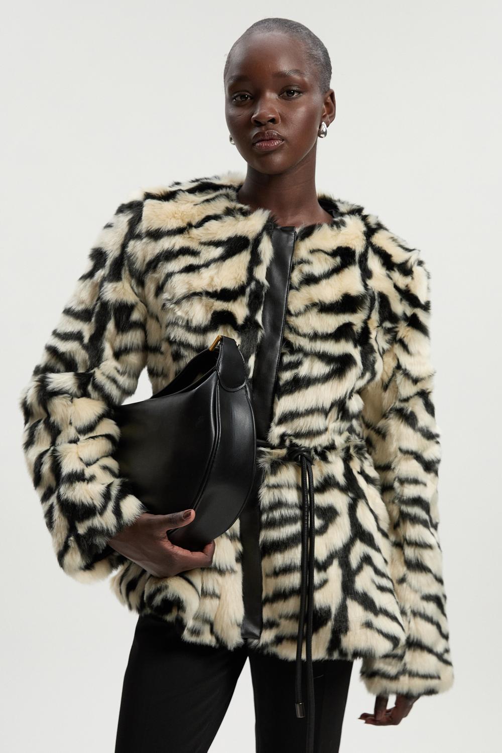 Faux Fur Zebra Collarless Coat
