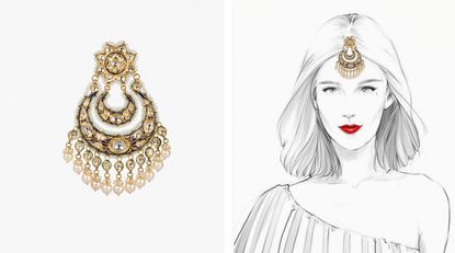 Headdress in gold and diamonds with sketch showing how it is worn on the forehead