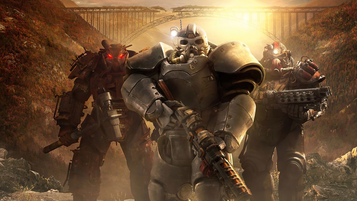 Three characters in Power Armor, standing side by side at the bottom of a sun drenched canyon