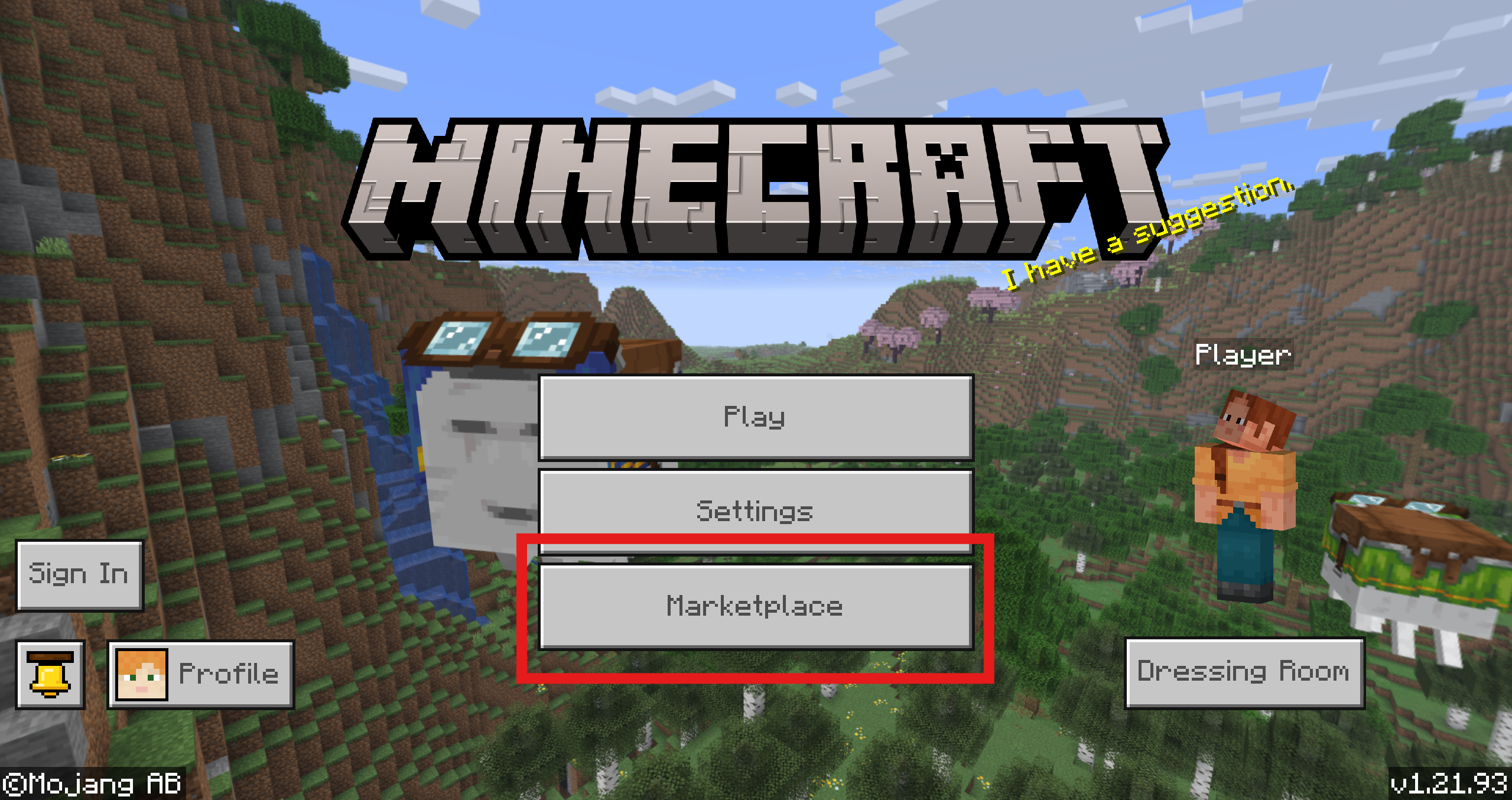Minecraft's main menu with the marketplace highlighted in red.