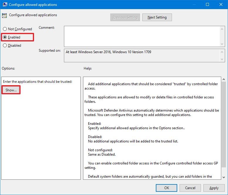 Configure allowed applications enable option