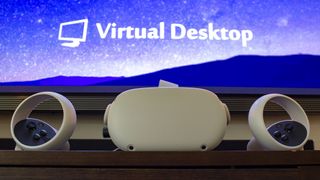 Oculus Quest 2 headset sitting in front of the Virtual Desktop logo