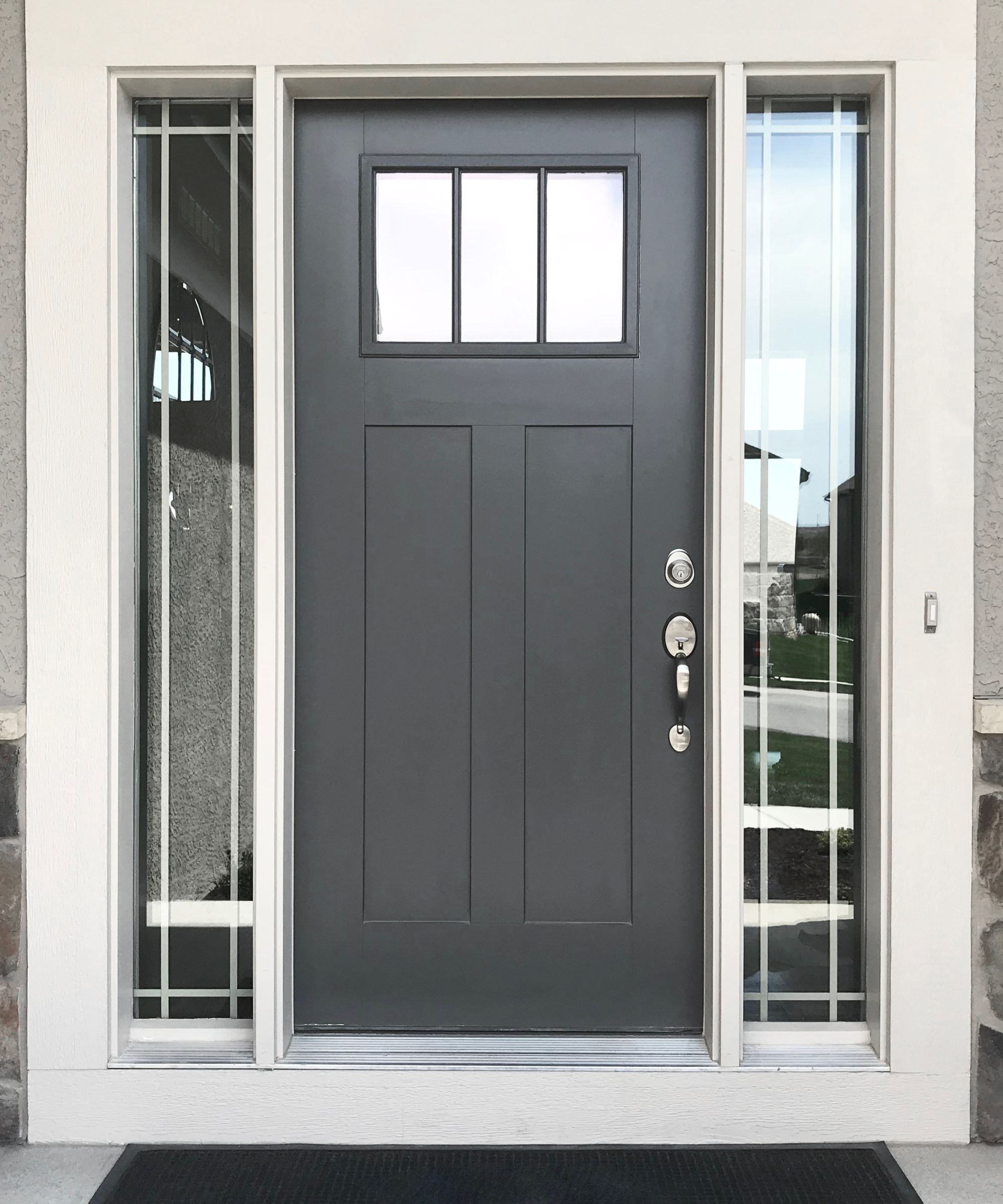 A dark gray front door
