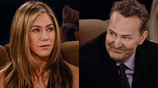 Jennifer Aniston wearing black dress, Matthew Perry in a black suit with purple undershirt, during the Friends Reunion show.