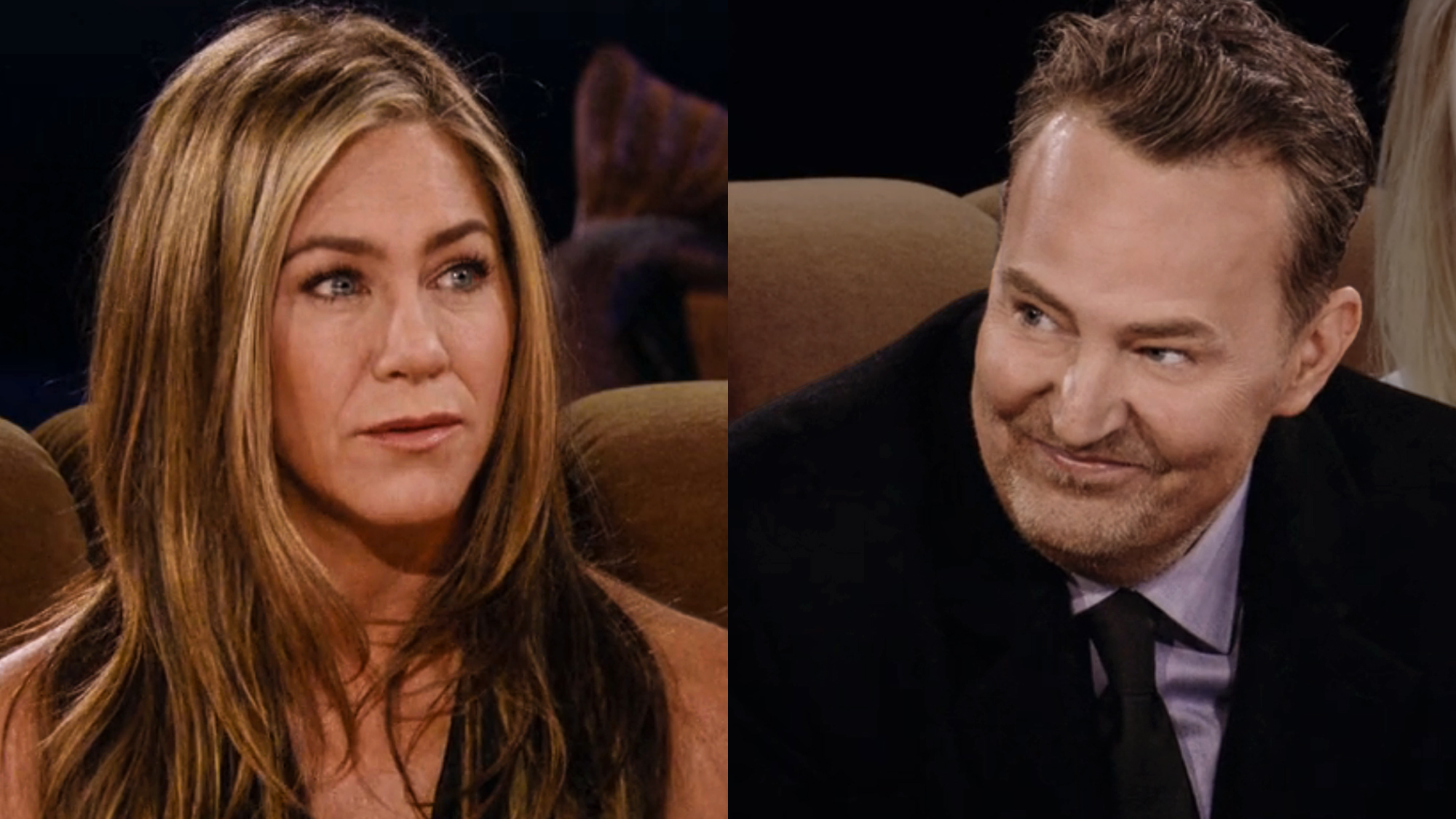 Jennifer Aniston wearing black dress, Matthew Perry in a black suit with purple undershirt, during the Friends Reunion show.