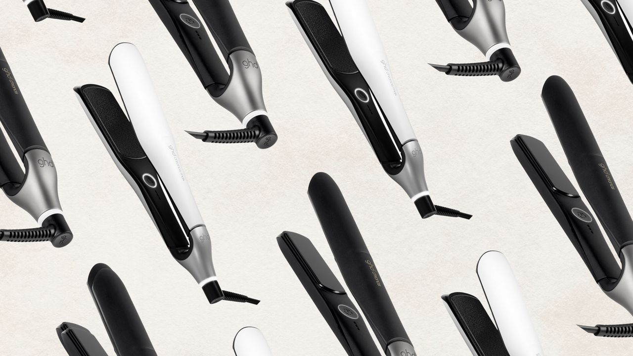 Collage of two pairs of the best ghd straighteners, one black and one black, against an off-white background