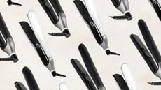Collage of two pairs of the best ghd straighteners, one black and one black, against an off-white background