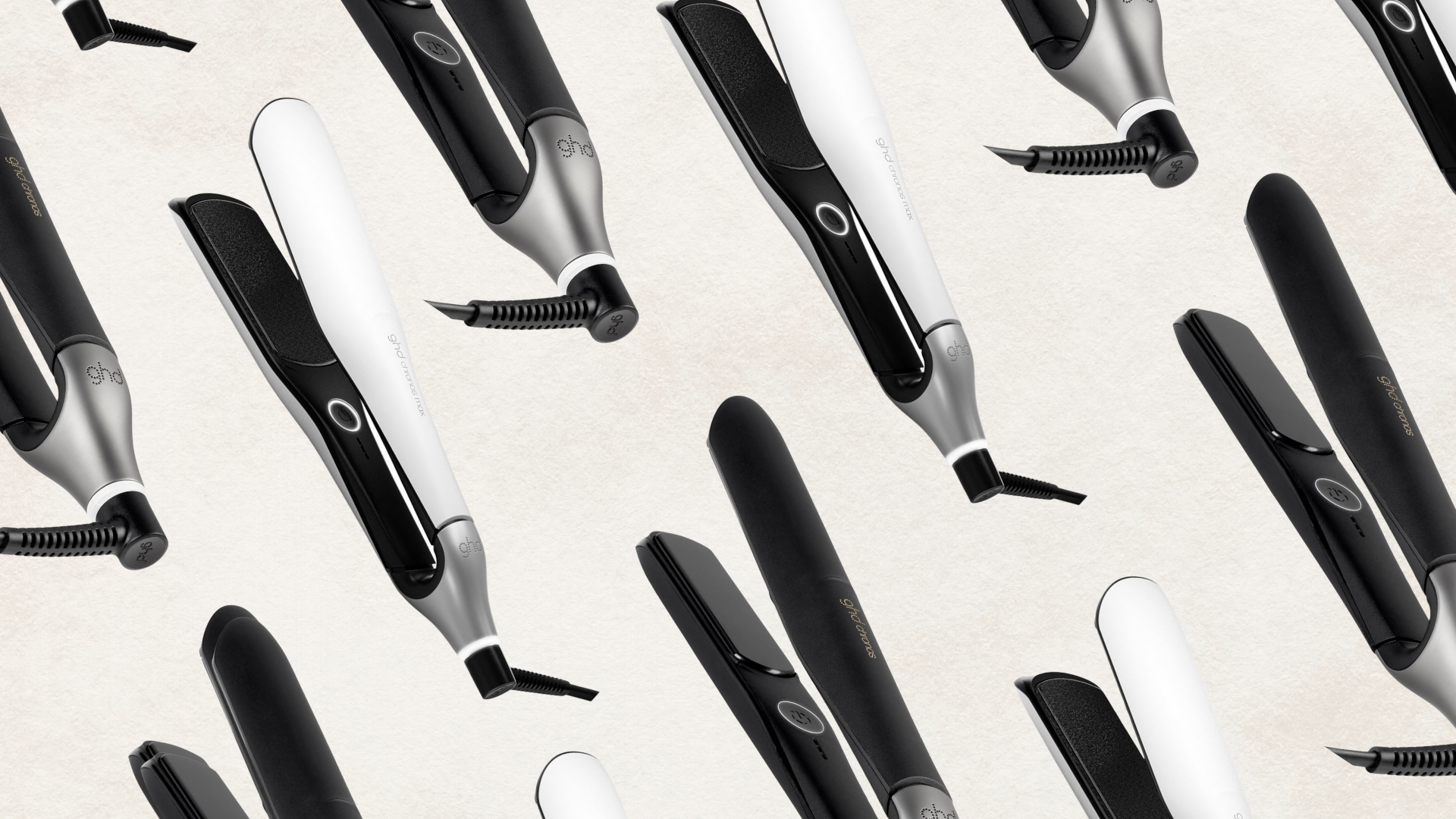 Collage of two pairs of the best ghd straighteners, one black and one black, against an off-white background