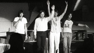 UNITED KINGDOM - AUGUST 06: EARLS COURT Photo of PINK FLOYD, L-R Roger Waters, David Gilmour, Rock Wright and Nick Mason on stage at the end of the show - The Wall stage show (Photo by Rob Verhorst/Redferns)
