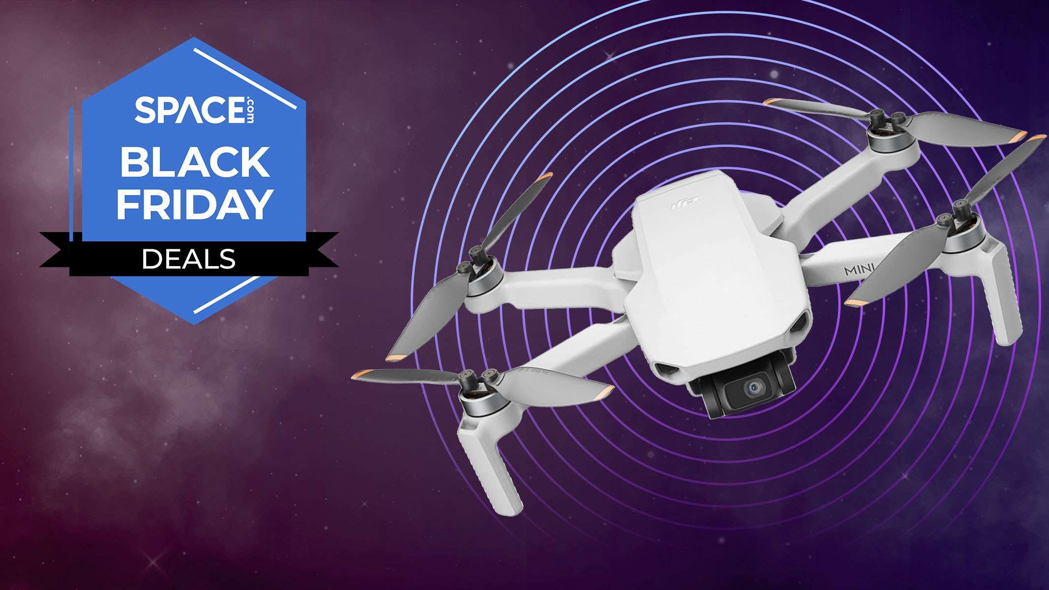 A DJI Mini 4K drone on a purple background with a Space.com black friday deals graphic