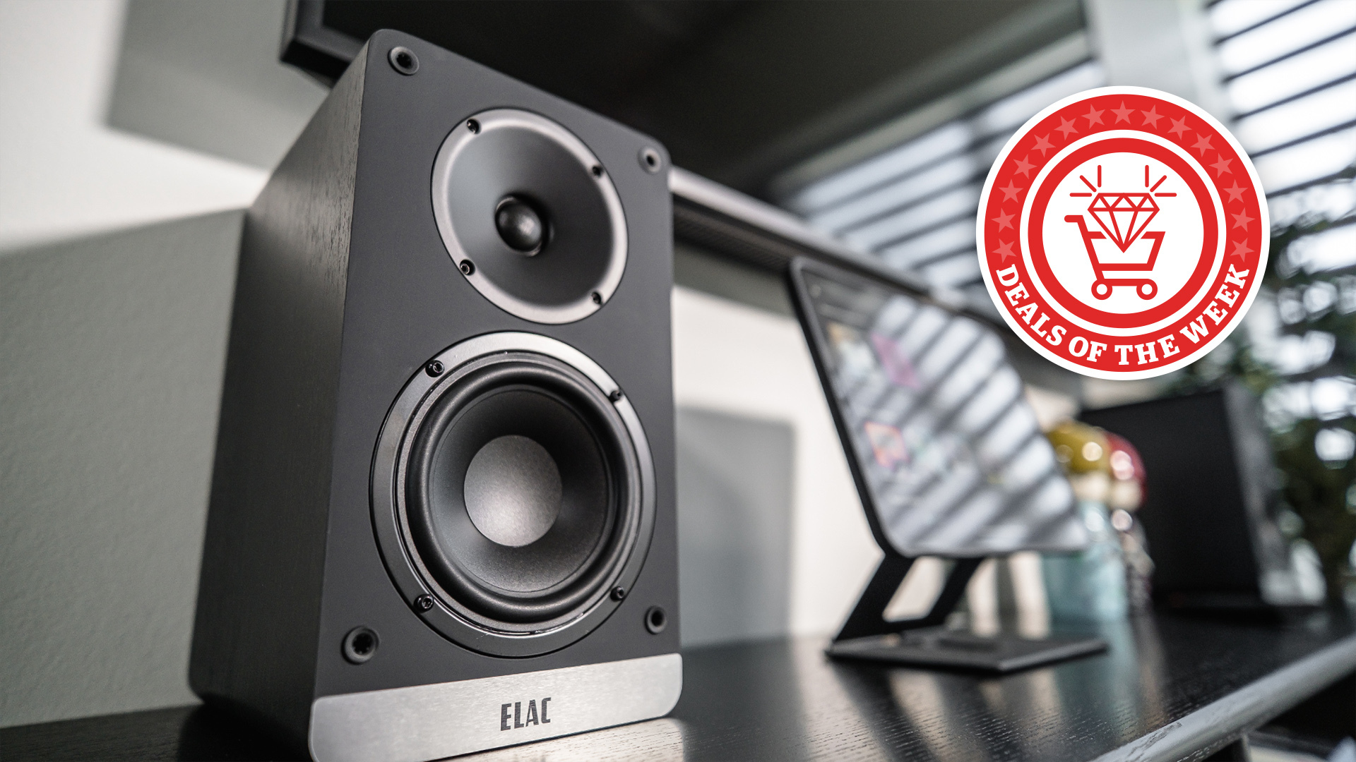 The Elac Debut ConneX DCB4 with the Deals of the Week logo overlaid