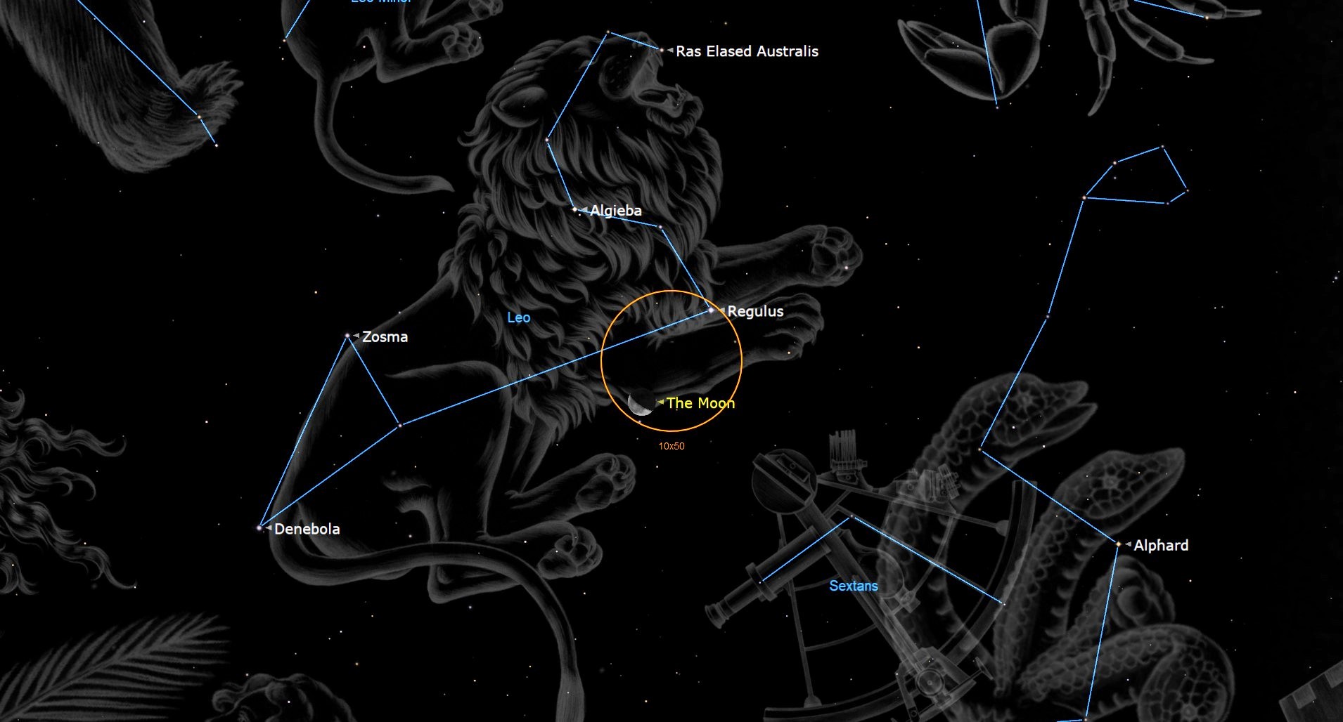 A close up of the Leo constellation with a cartoon lion. In the center of the image is an orange circle with a labeled moon and the star Regulus inside of it.