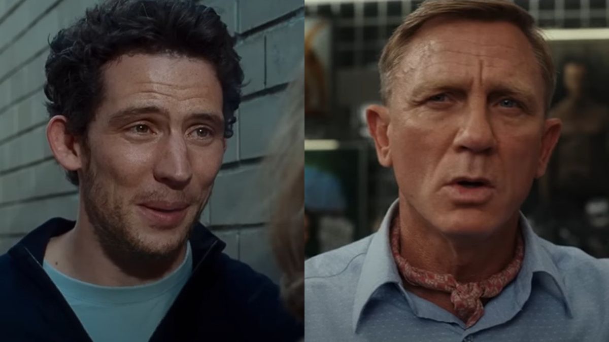 From left to right: Josh O&#039;Connor talking and smiling in Challengers and Daniel Craig looking confused in Glass Onion.