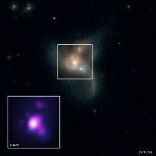 Optical data from the Hubble Space Telescope and the Sloan Digital Sky Survey are shown with X-ray observations gathered by the Chandra Space Telescope, each showing SDSS J084905.51+111447.2, which scientists believe is a triple-black-hole merger.
