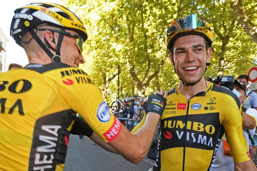 Stage winner Team Jumbo rider Belgiums Wout van Aert R celebrates with Team Jumbo rider Netherlands Robert Gesink after winning the 7th stage of the 107th edition of the Tour de France cycling race 168 km between Millau and Lavaur on September 4 2020 Photo by Stephane MANTEY various sources AFP Photo by STEPHANE MANTEYAFP via Getty Images