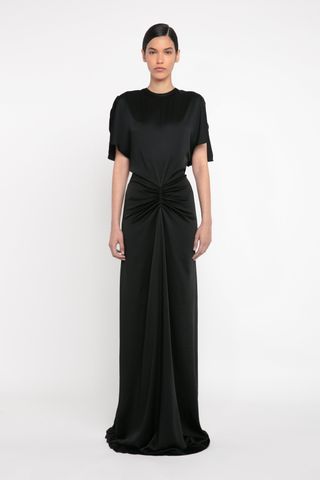 Gathered Waist Floor-Length Dress in Black