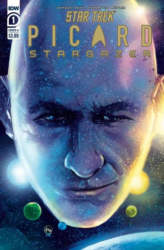 Star Trek: Picard - Stargazer cover with a close up of Jean-Luc picard on a starfield with planets.