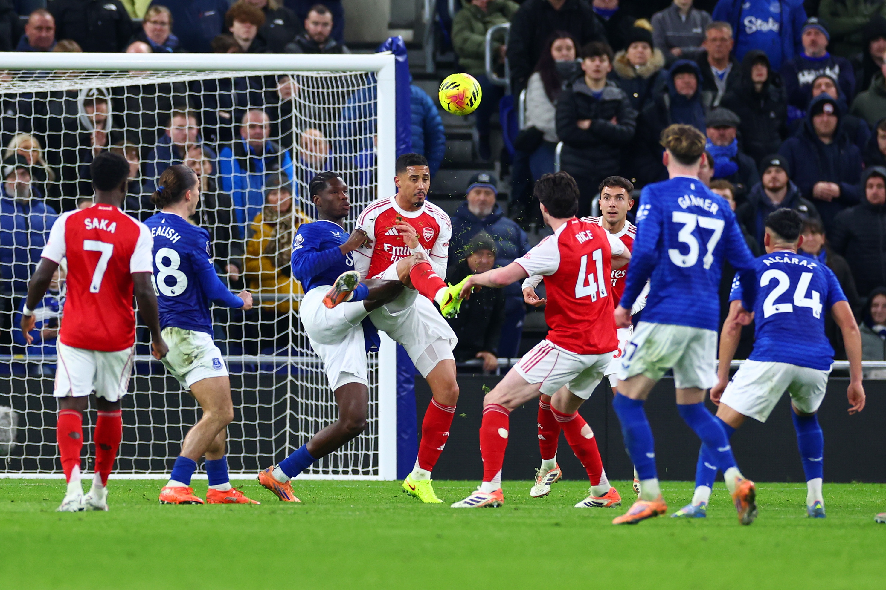 Arsenal's William Saliba and Everton's Thierno Barry clash