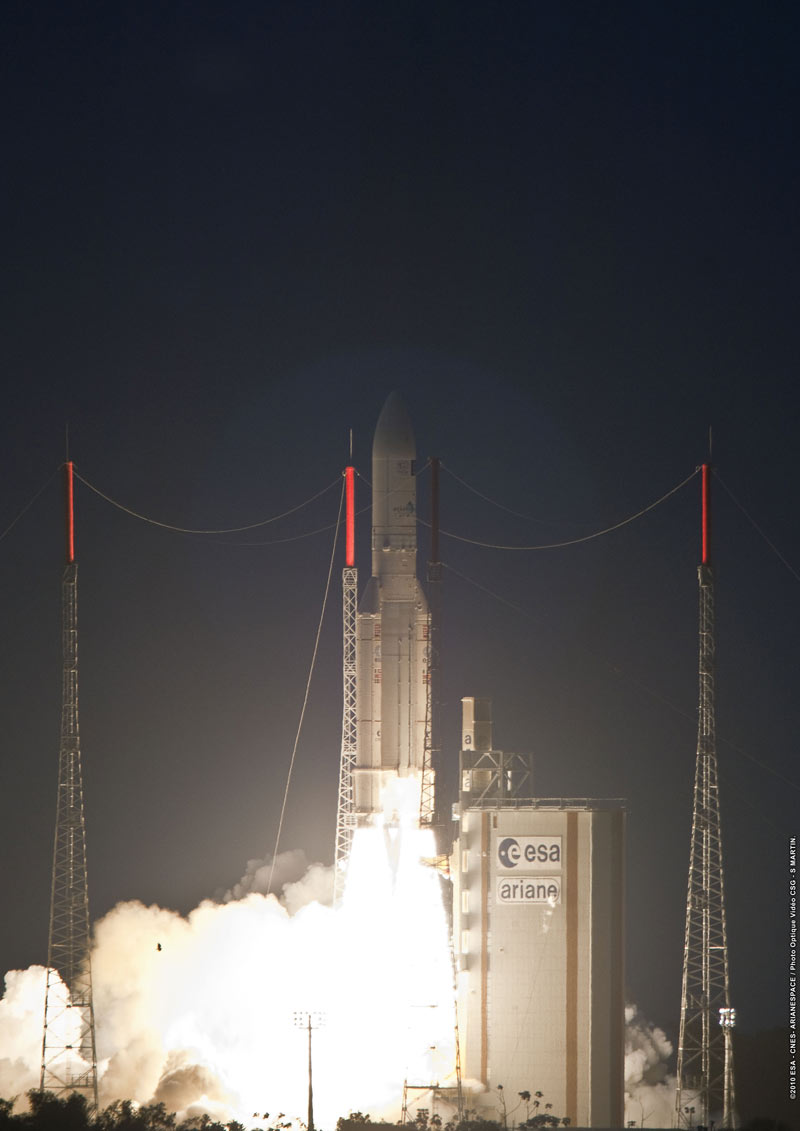 An Arianespace Ariane 5 rocket soars from a launch pad at the Guiana Space Center Kourou, French Guiana on Dec. 29, 2010, carrying two new communications satellites for different customers