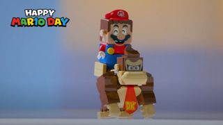 A Lego Donkey Kong figure, being ridden by Lego Mario