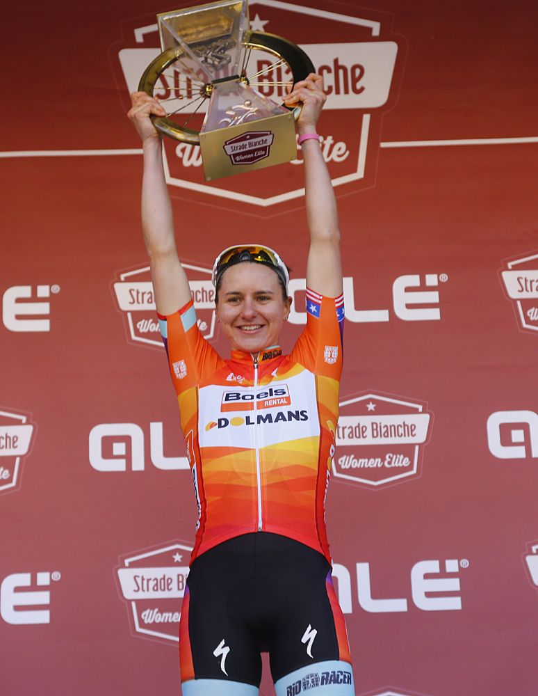 Megan Guarnier (Boels Dolmans) winner of the first women's Strade Bianche