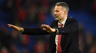 Ryan Giggs shows his appreciation to Wales fans after a Euro 2020 quaifiier against Hungary in November 2019.