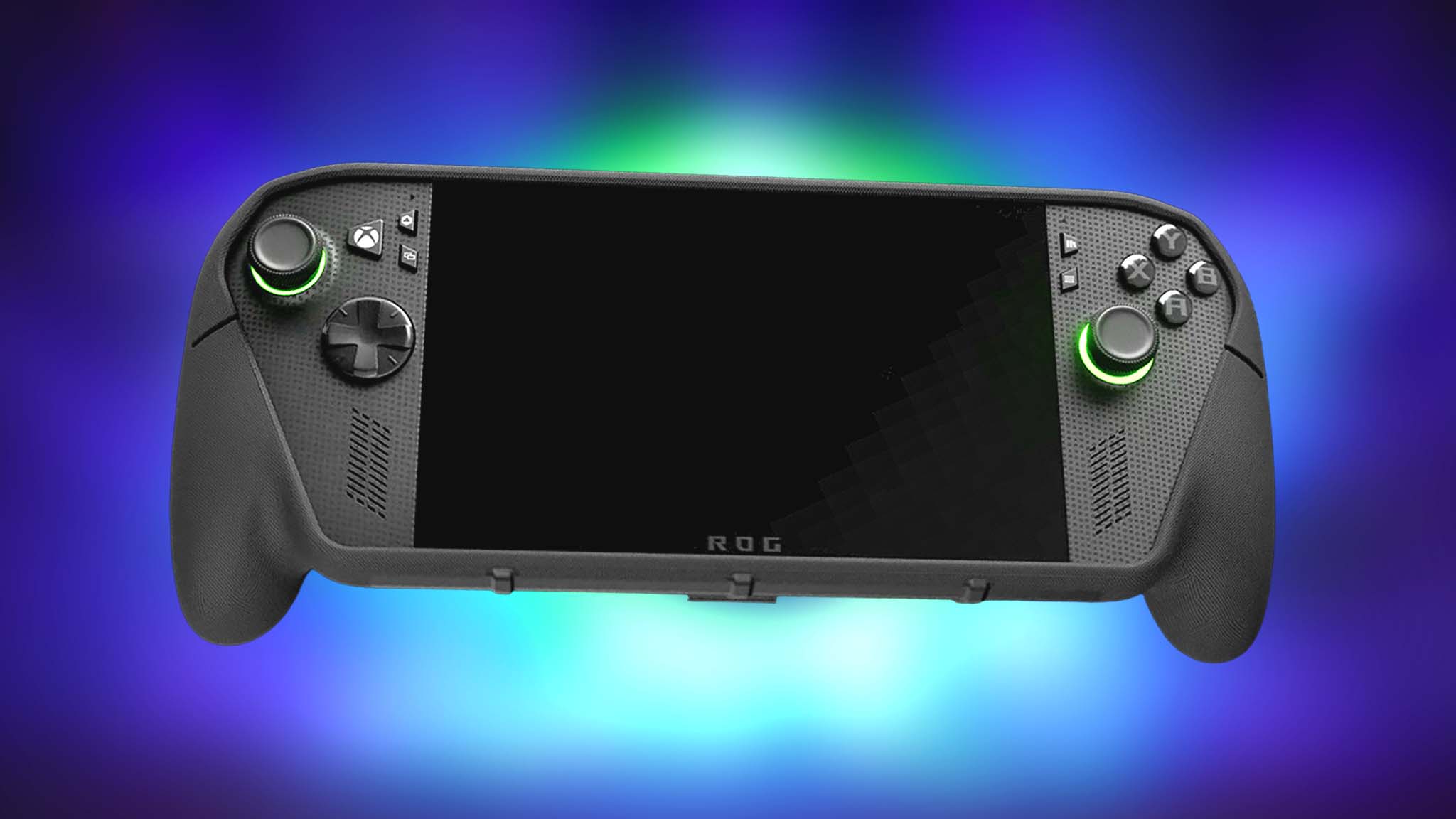 The front of the dBrand Killswitch case on the Xbox Ally X, floating on a blue and green background.
