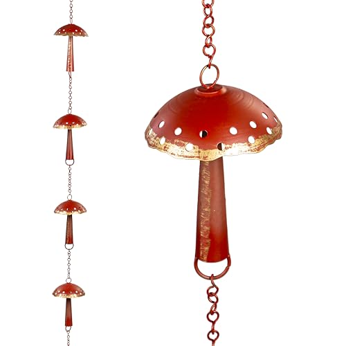 Evergreen Garden 6 Ft Rain Chain Outdoor Downspout Alternative &amp;ndash; Red Mushroom Gutter Decoration for Porch, Yard, or Patio &amp;ndash; Rustic Copper Look Water Feature for Home or Garden Decor