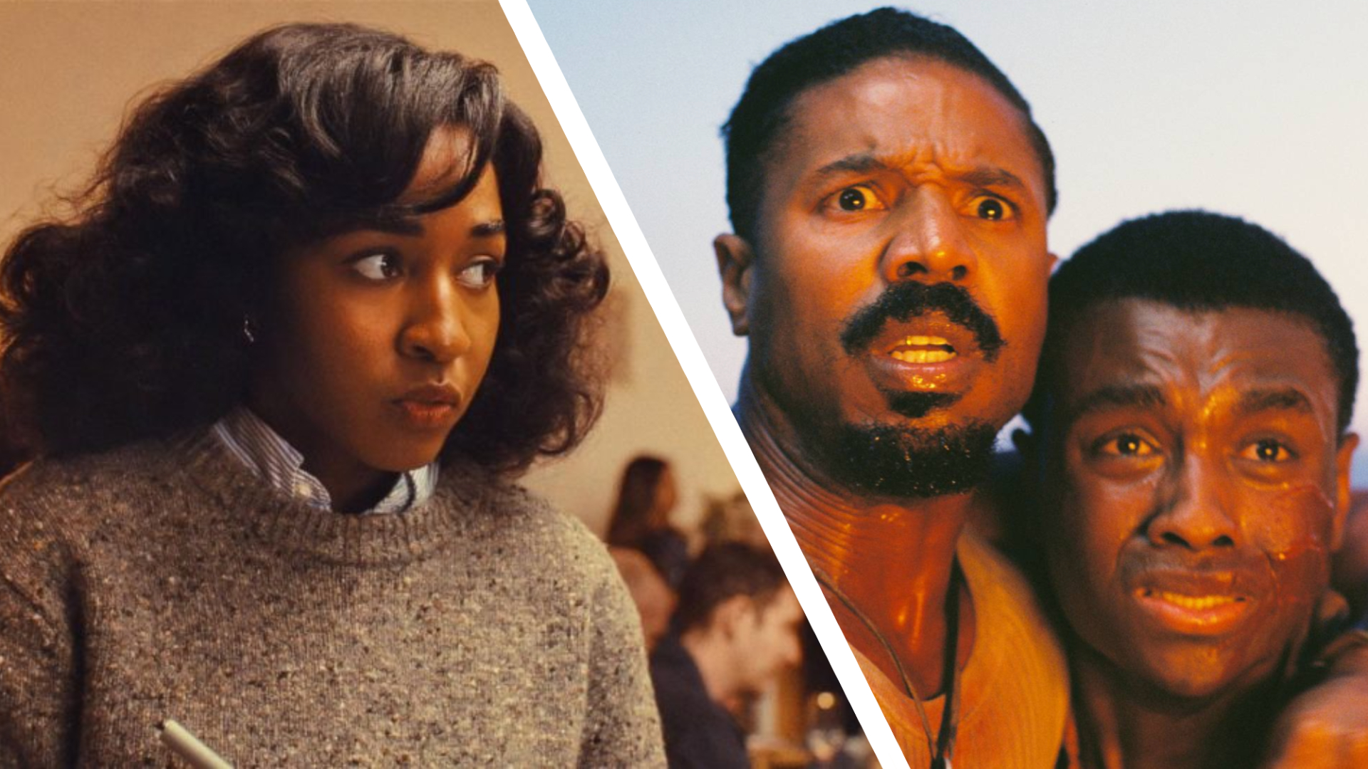 Ayo Edebiri looks to her left wearing a grey knit jumper with Michael B. Jordan holding Miles Caton in fear on the right.