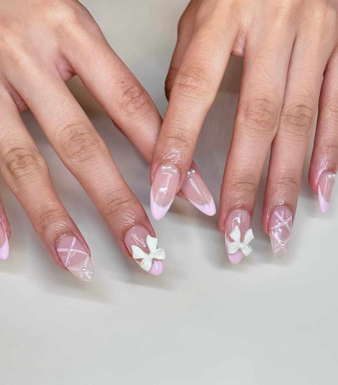 pink ballerina bow lace nails