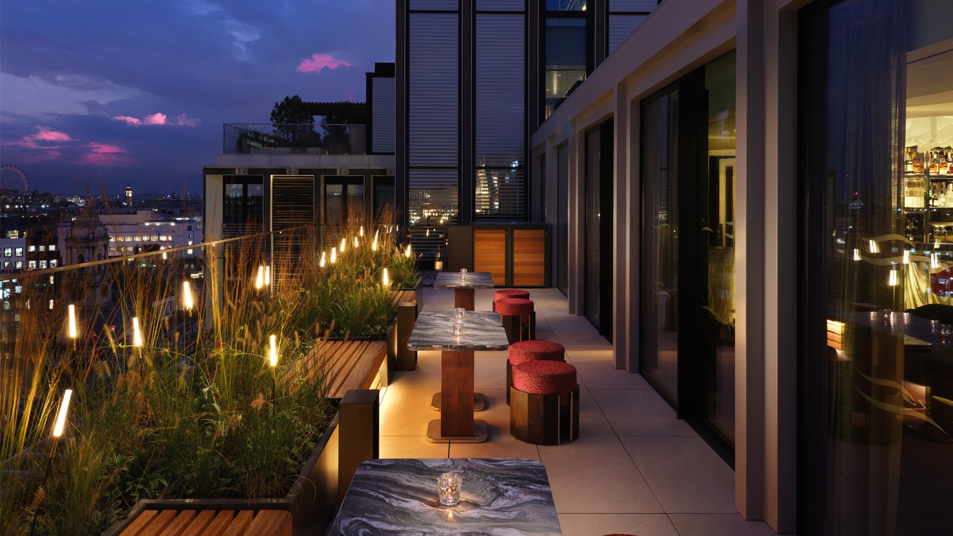Mandarin Oriental balcony with greenery and lights