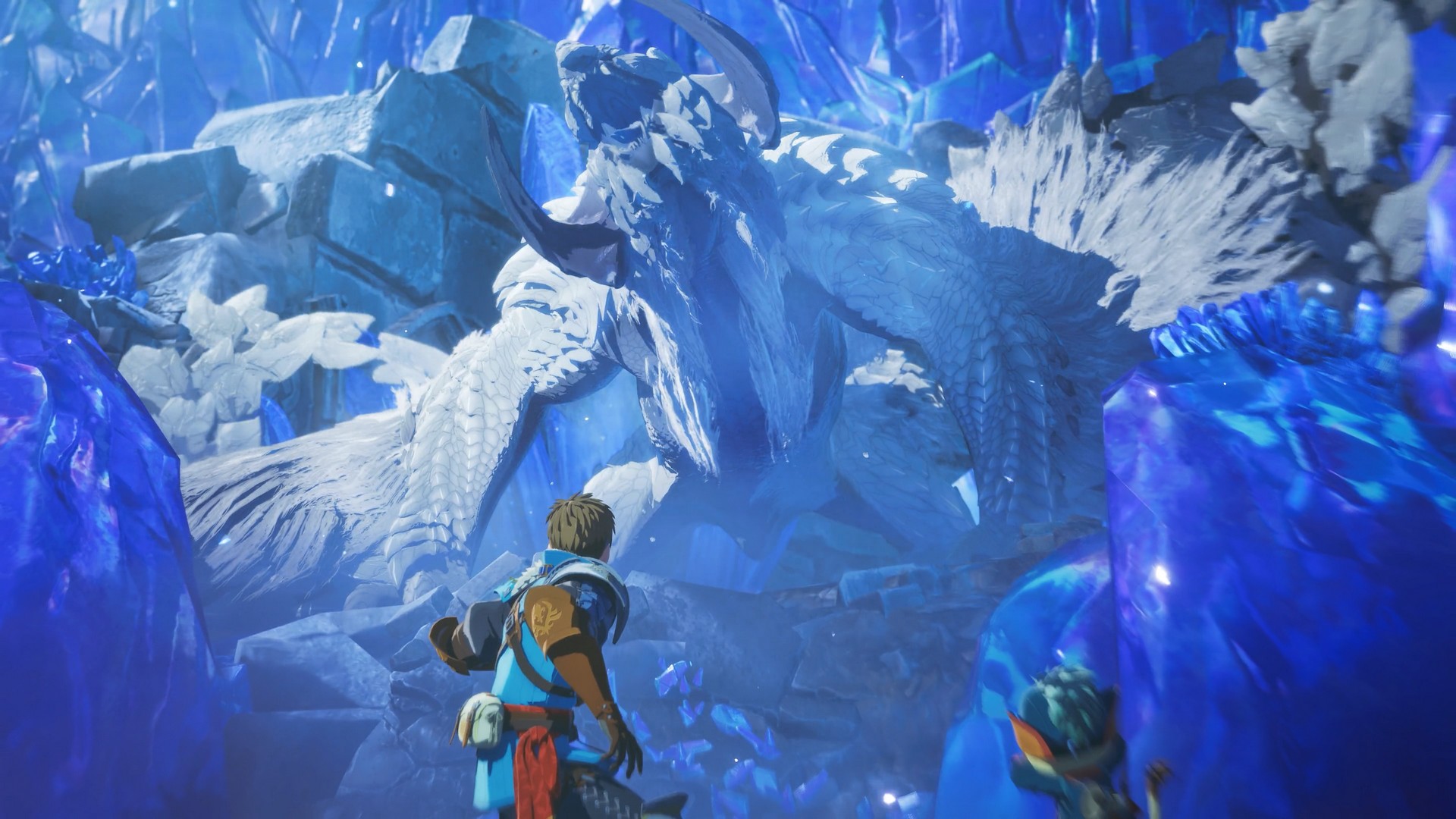 The white Arkveld smashes through a wall in Monster Hunter Stories 3: Twisted Reflection