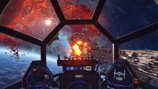 The view is from inside a TIE-fighter cockpit as it flies through open space. In front of the fighter is a capital ship that's just been hit by a missile.