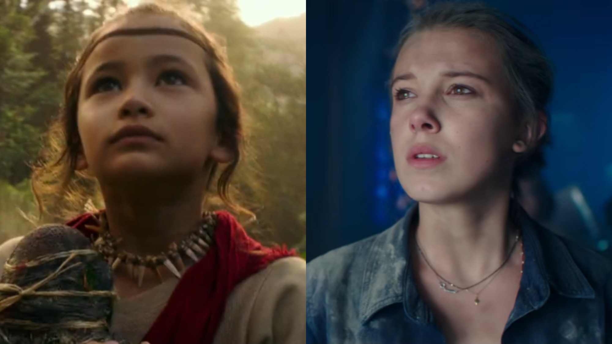 From left to right: Kaylee Hottle and Millie Bobby Brown side-by-side in Godzilla Vs. Kong. 