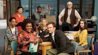 Clockwise: Donald Glover as Troy Barnes, Chevy Chase as Pierce Hawthorne, Alison Brie as Annie Edison, Joel McHale as Jeff Winger, Gillian Jacobs as Britta Perry, Yvette Nicole Brown as Shirley, Danny Pudi as Abed and Ken Jeong as Ben Chang in a press photo for Community that's in the study room.