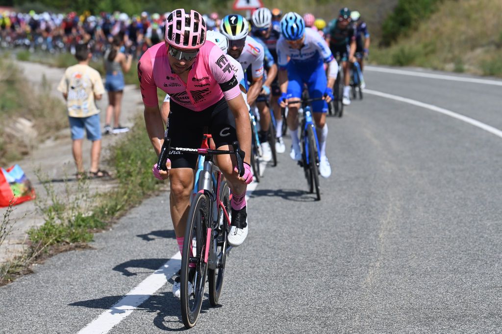 LEKUNBERRI SPAIN SEPTEMBER 10 Stefan Bissegger of Switzerland and Team EF EducationEasyPost leads the peloton during the 78th Tour of Spain 2023 Stage 15 a 1583km stage from Pamplona to Lekunberri UCIWT on September 10 2023 in Lekunberri Spain Photo by Tim de WaeleGetty Images