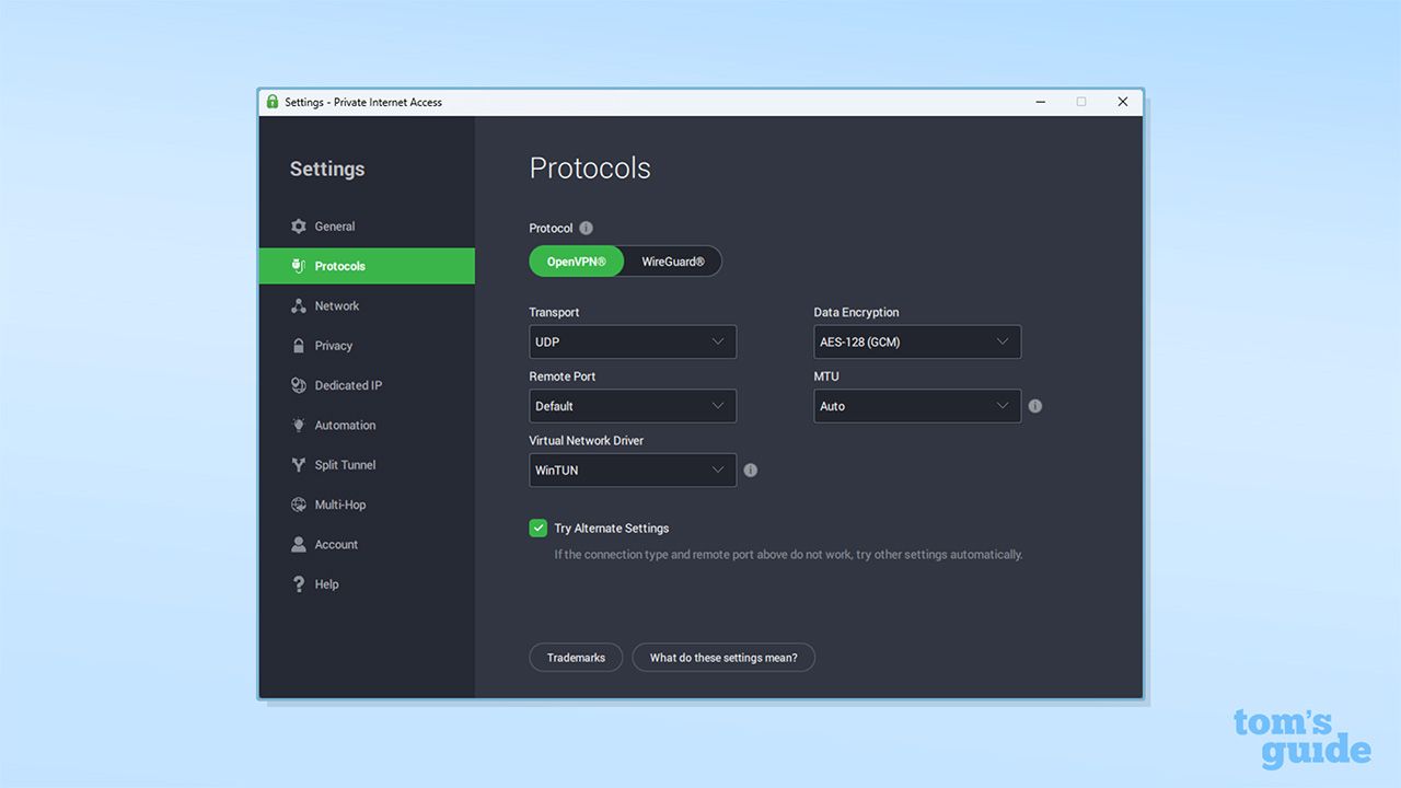 PIA's protocol settings on its Windows app. There are options for encryption protocol, transport, data encryption, remote port, MTU, virtual network driver, and try alternate settings.