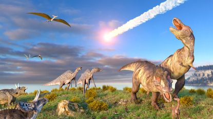Illustration of dinosaurs as the extinction asteroid hit 66 million years ago