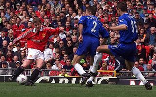 Ole Gunnar Solskjaer scores to help his side beat Chelsea 3-0 during the club's 2001/02 campaign