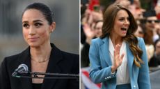 L-Meghan Markle delivers a speech at the opening of the Lost Screen Memorial in Geneva, R- Kate Middleton arrives at Reggio Emilia town hall during a two-day visit in Italy